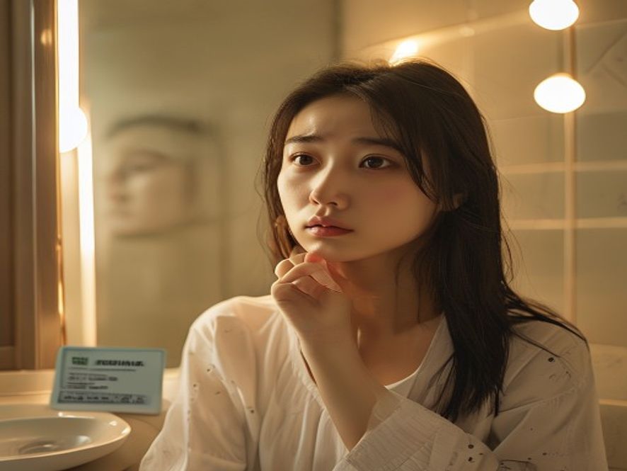 年轻女孩对着镜子查看术后变形的下巴，表情沮丧
