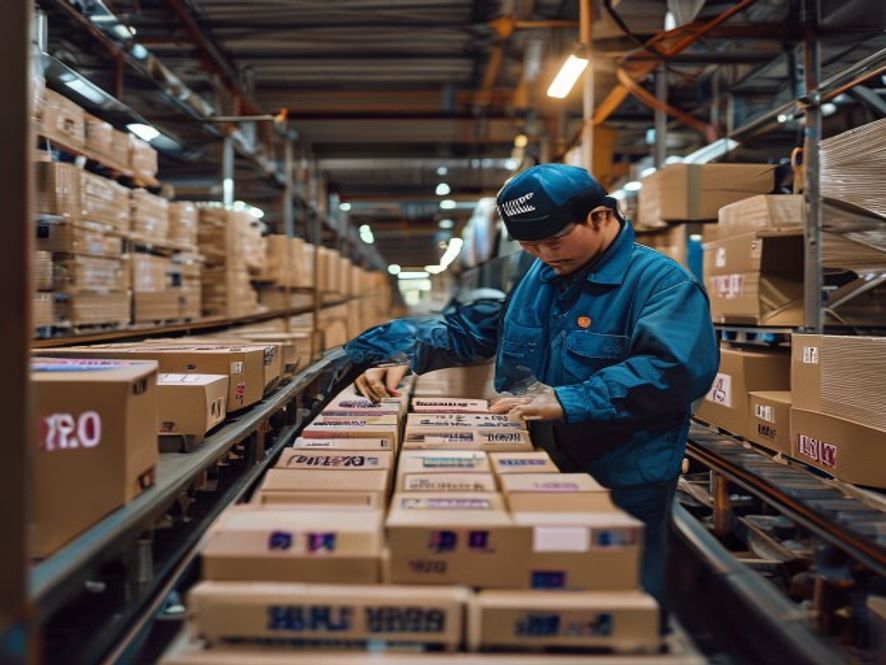 长鑫科技工厂中批量生产的国产DDR4内存条，包装箱堆叠，显示价格标签从200元降至150元