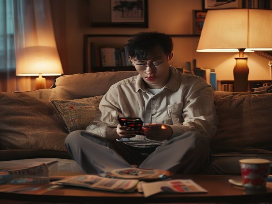 普通上班族看着手机上的股票APP，表情困惑