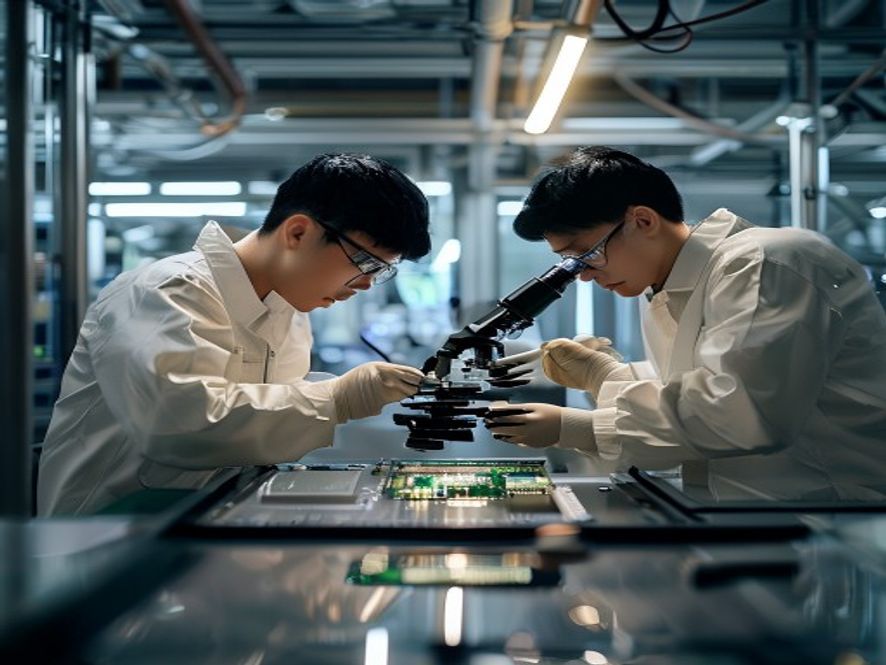 芯片工厂车间内工程师检查DRAM晶圆