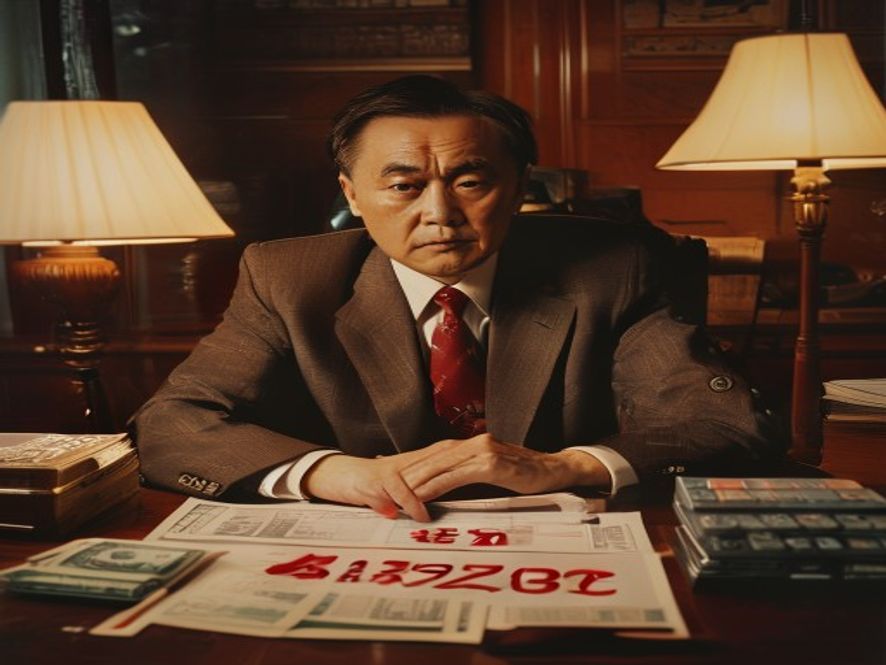一位中国中年商人坐在办公室桌前，愁眉苦脸地看着写有470亿数字的财务报表，旁边有计算器和散落的现金
