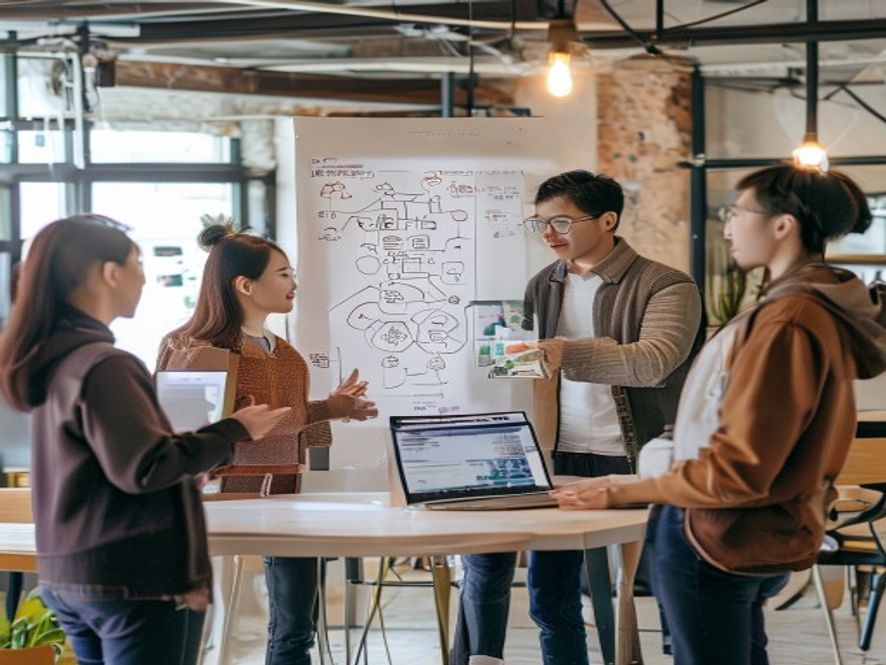 年轻创业团队在白板前讨论基于开源模型的医疗AI应用，白板上画有模型架构和医疗图标