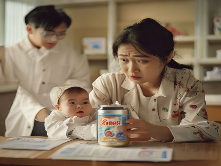 年轻母亲带婴儿看医生，桌上放着奶粉和铅超标检测报告