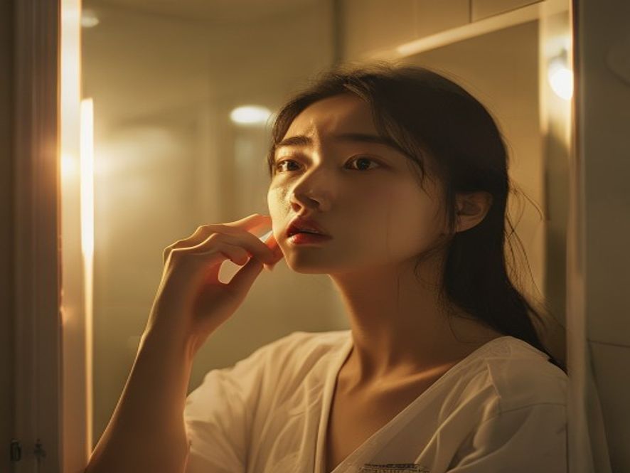年轻女孩对着镜子抚摸下巴，脸型后缩，表情痛苦，房间昏暗