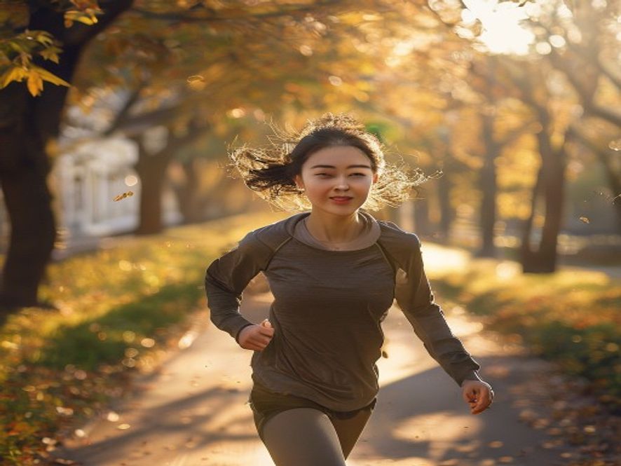 一位年轻女生在北大校园的林荫道上自信地跑步