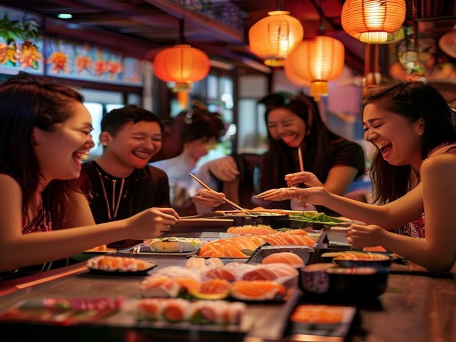 中国年轻人聚餐享用寿司