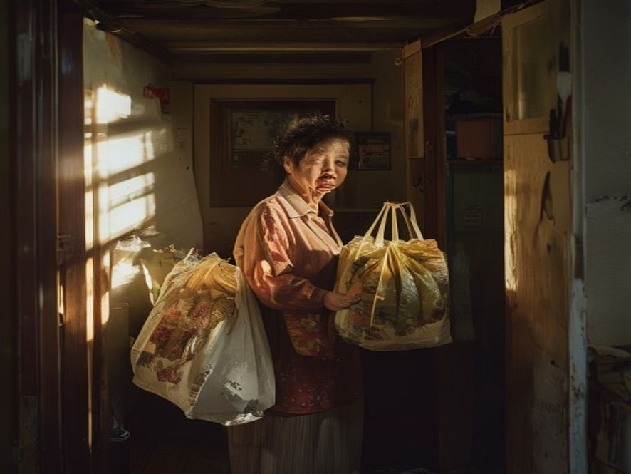 母亲拎着大包小包站在狭小出租屋门口