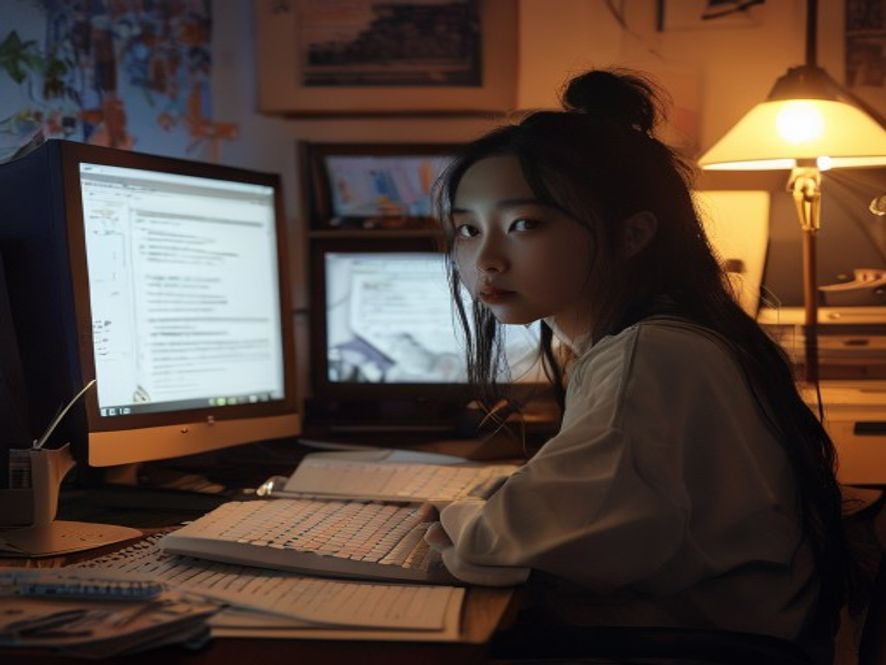 学生盯着电脑屏幕上AI生成的答案发呆，没有独立思考，旁边放着空白的草稿纸