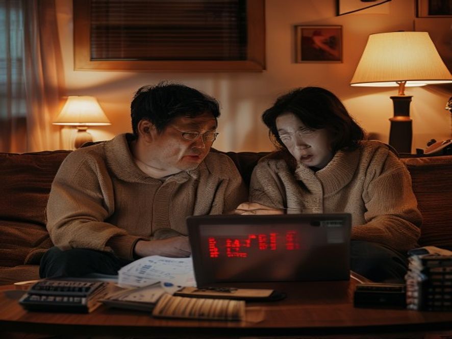韩国家庭在客厅对着笔记本电脑查看暴跌的股票账户，表情焦虑