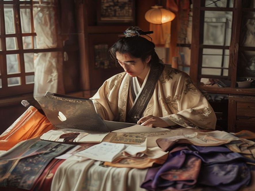 外国博主认真研究汉服形制，桌上摆着不同朝代汉服