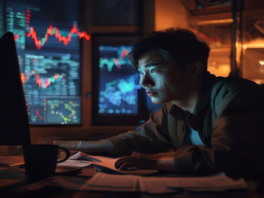 年轻交易员盯着电脑屏幕上显示巨额亏损的K线图，神情紧张，办公室环境昏暗