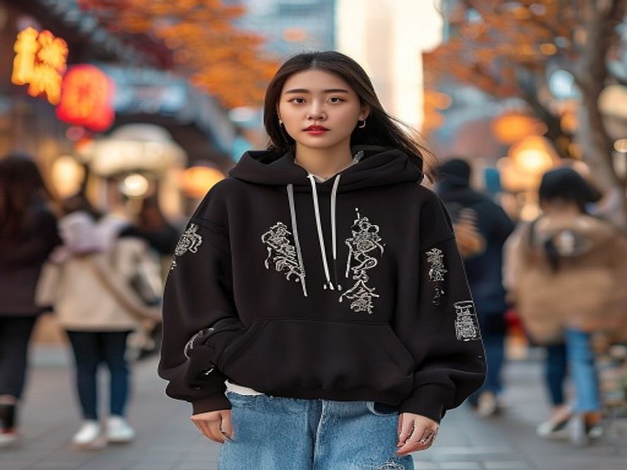 成都太古里，一位穿黑色卫衣绣彝族马缨花纹样的年轻女性，搭配牛仔裤和小白鞋