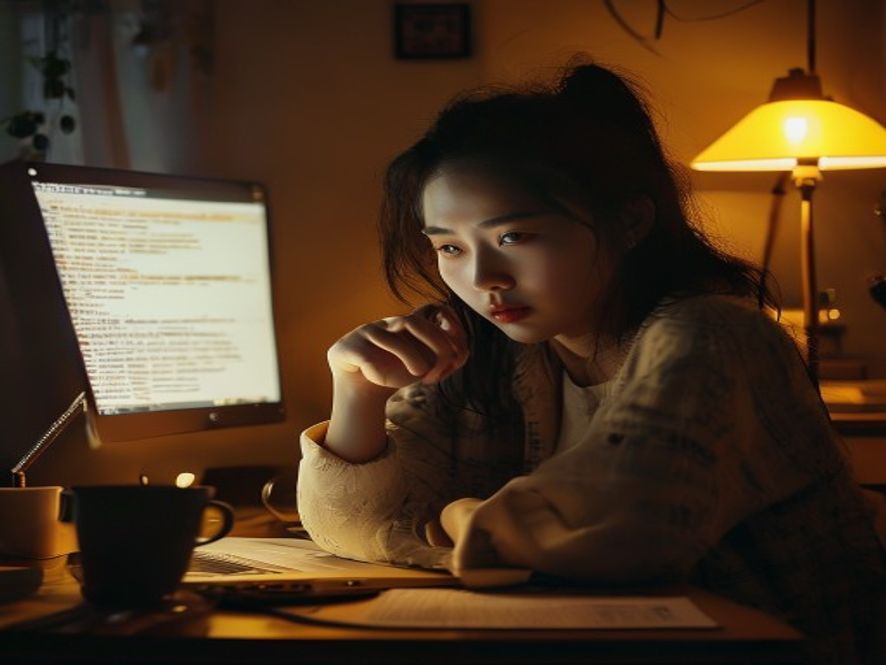 旅客在电脑前仔细阅读密密麻麻的航空退票协议条款