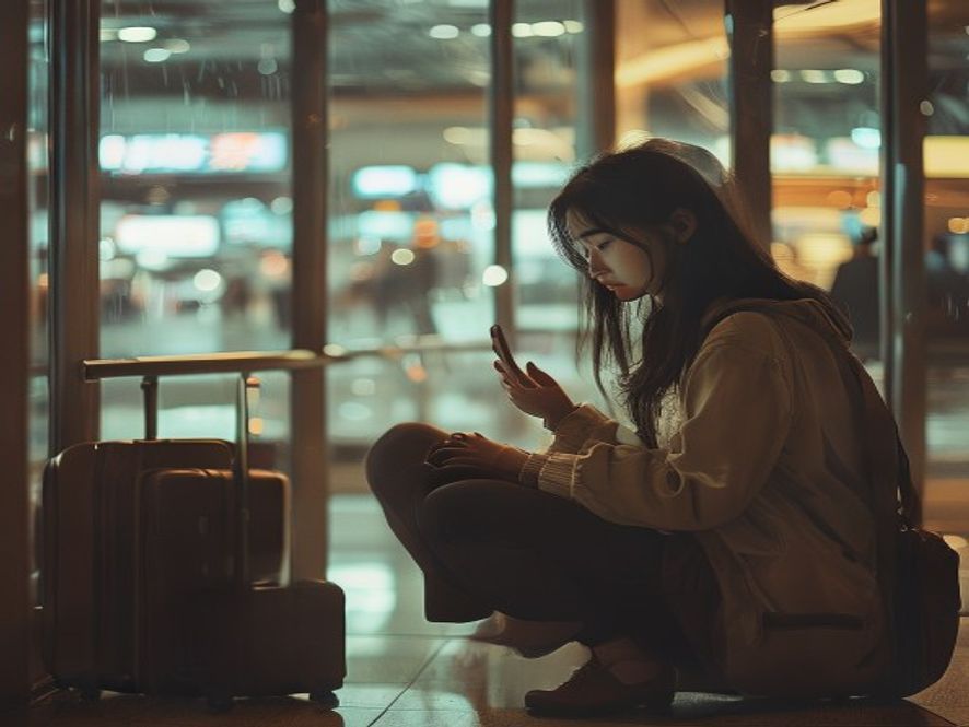 一个年轻女生蹲在机场角落，紧张地查看手机上的旅行攻略，行李箱放在旁边