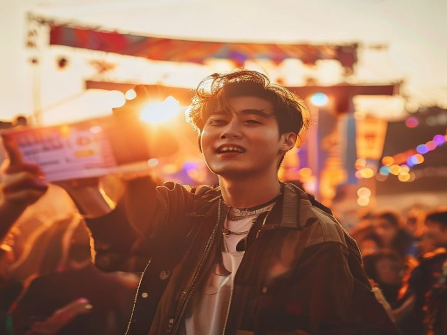 一名年轻男子手里拿着音乐节门票，在户外音乐节现场欢呼，人群和舞台背景