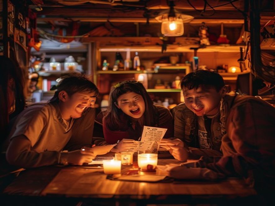 一群年轻人在剧本杀店里围坐讨论，桌上摆着角色剧本和线索卡片