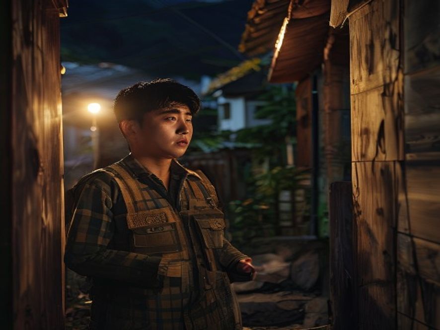 年轻的网格员在夜晚的山村挨家挨户敲门通知转移