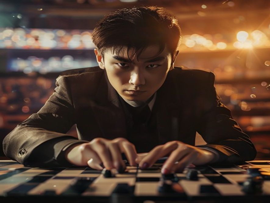 柯洁在决赛中紧盯着棋盘，手悬在棋子上，背景屏幕显示1%胜率