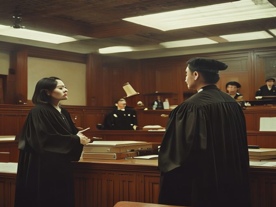 法庭内法官敲下法槌，被告席上站着一位中年妇女