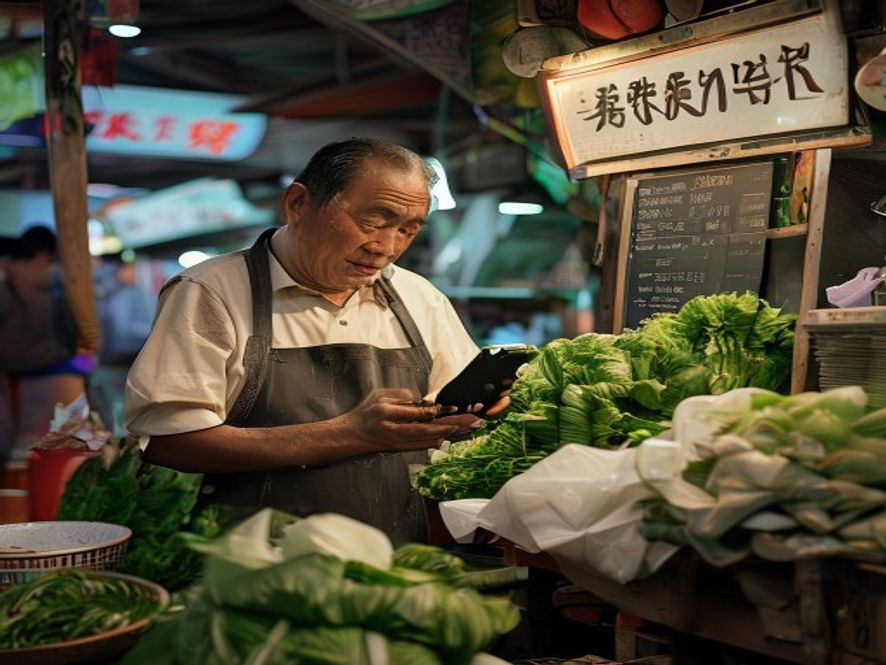 菜市场摊主看着油价新闻，准备修改青菜价格牌