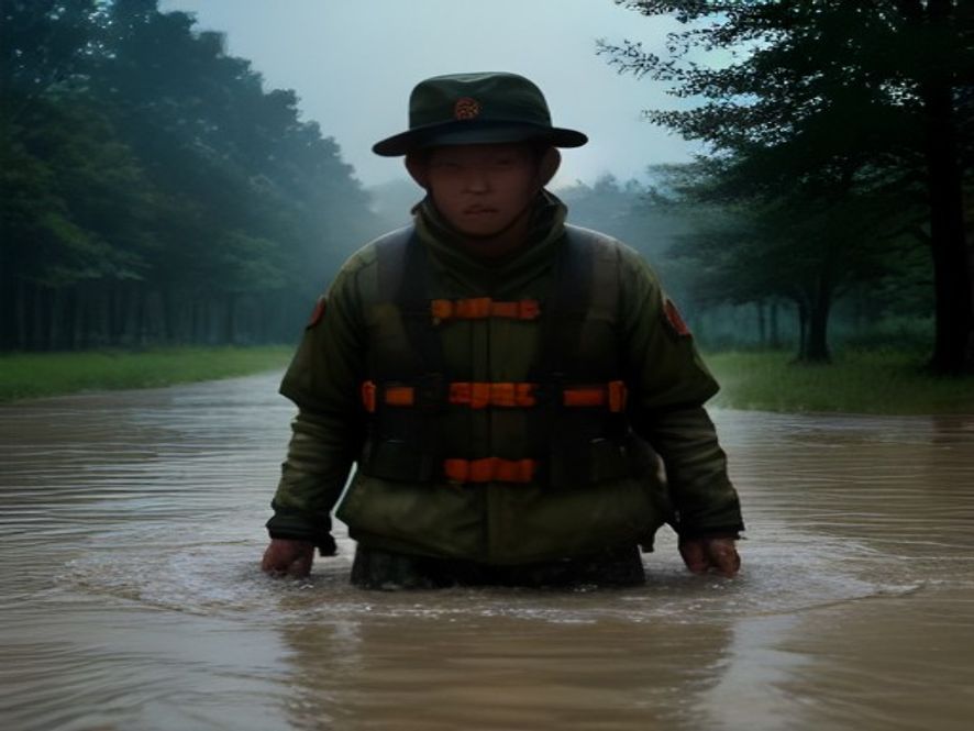 战士在洪水中将老人背出险境
