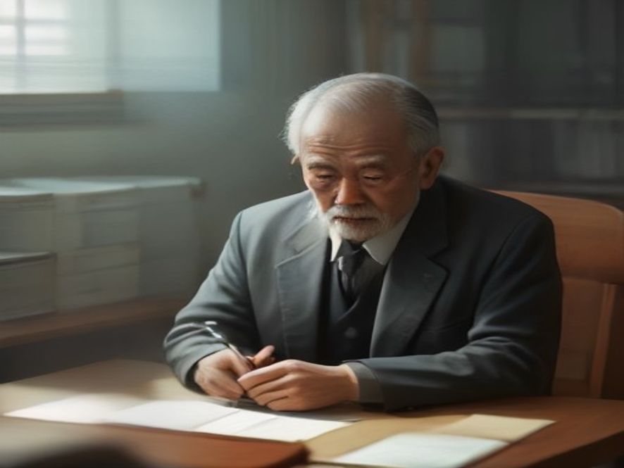 丈夫在律师办公室拿着病历和手机，律师正在整理文件