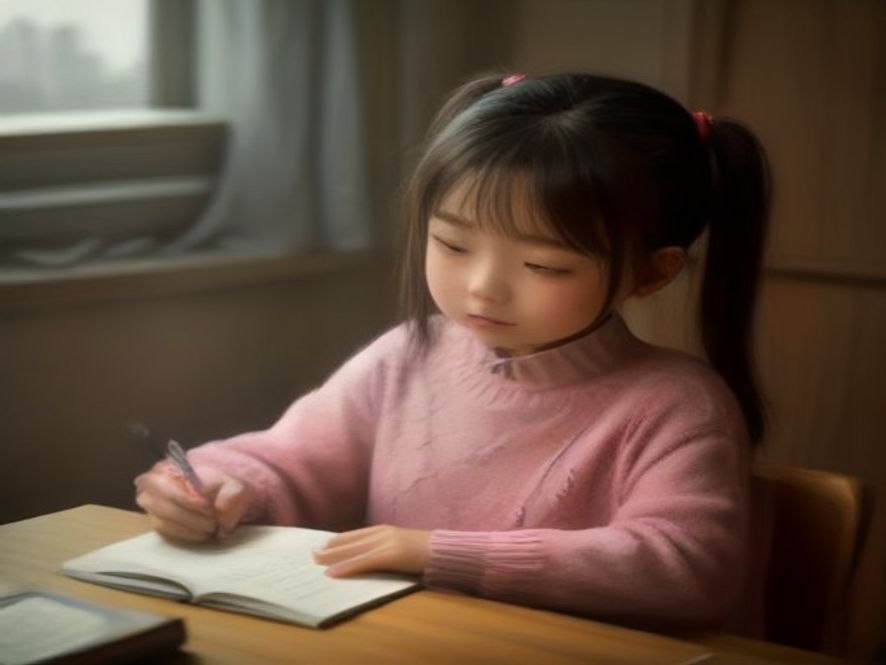 小女孩在灯下写作文《我的爸爸》，母亲在旁边温柔陪伴