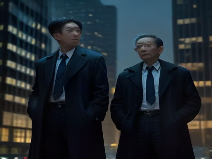 两位中年职场人站在办公楼前，神情疲惫又带着不甘