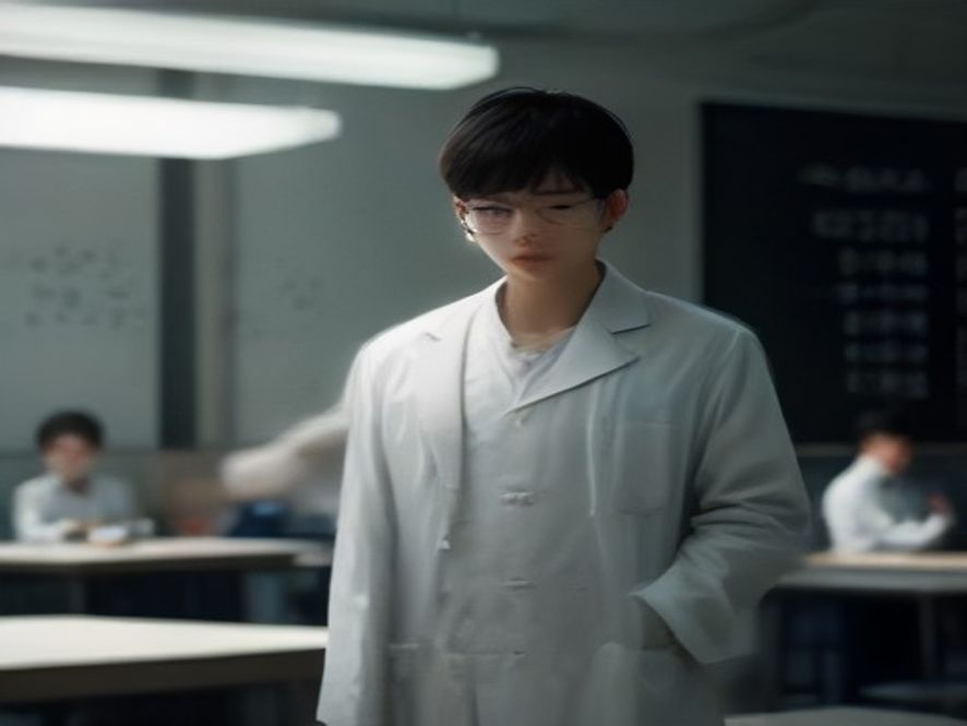 一名大学物理系学生在实验室里与教授讨论实验数据，背景是光学仪器和写满公式的黑板