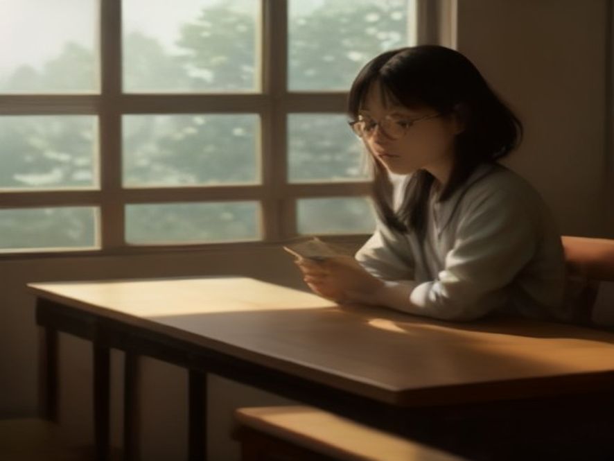 一个中国学生拿着大学录取通知书，坐在书桌前若有所思，桌上放着一摞物理教材