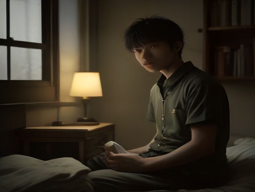 弟弟独自在昏暗房间里拿着当年的落榜通知，脸上写满委屈