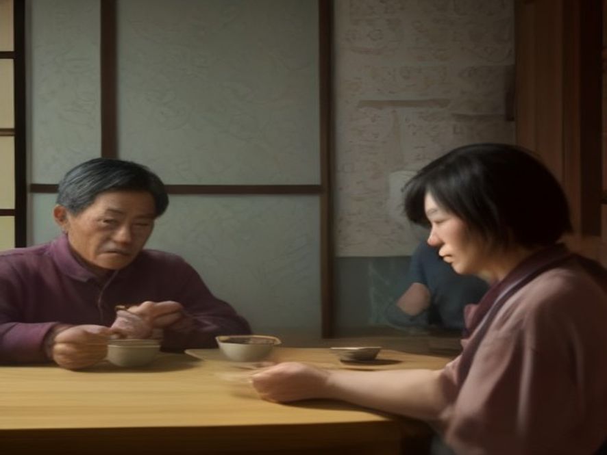 父母和两个儿子在旧餐桌前商量顶替身份读书的场景