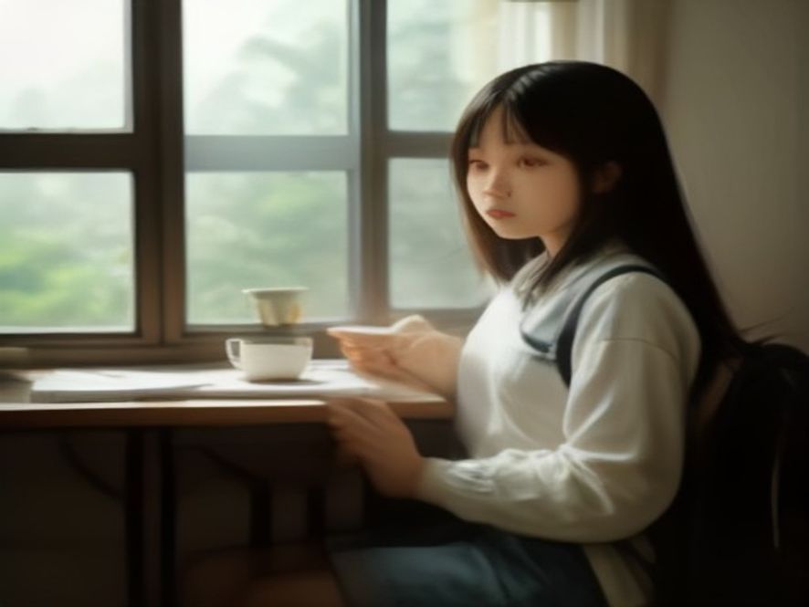 贫困生女生在书桌前对镜整理头发，桌上放有助学金汇款单和奶茶