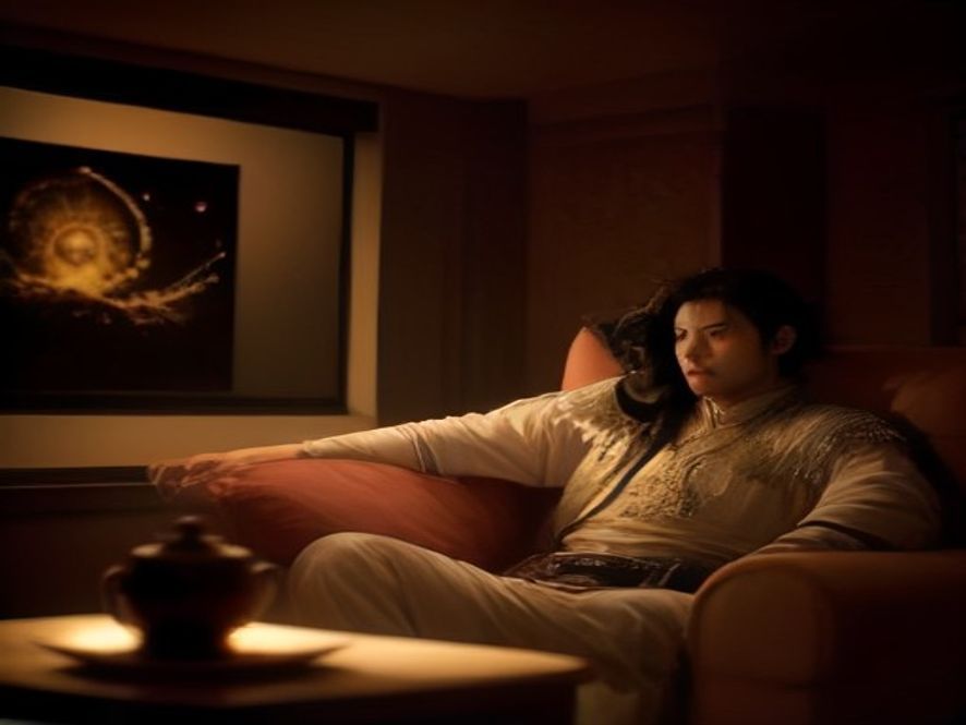 中年男人独自看《大话西游》投影，身旁放着旧照片