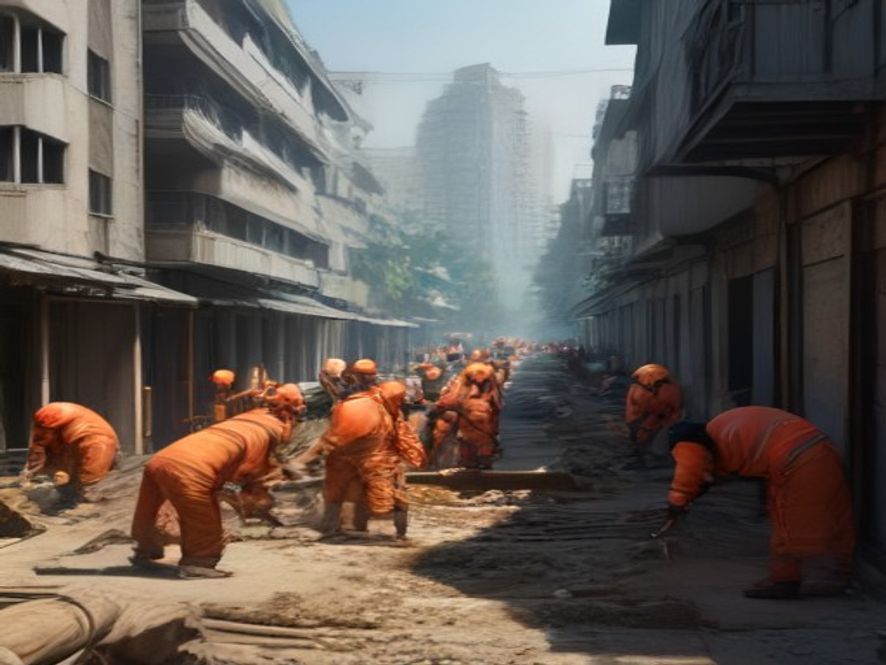 小区地下供冷管网施工现场，工人正在铺设管道