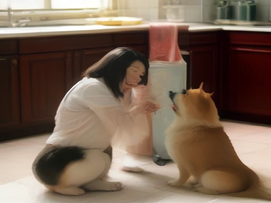 女主人把湿粮冻成的冰棒喂给柯基，狗子开心地啃着解暑零食