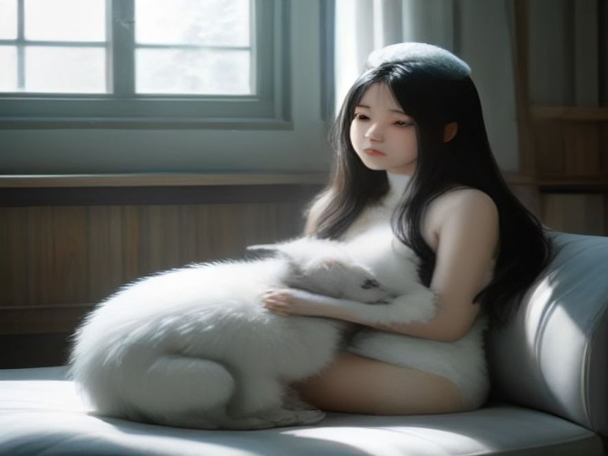 女主人坐在客厅沙发上给哈士奇梳毛，地上满是脱落的狗毛团