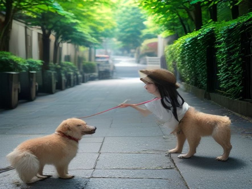 炎炎夏日，女主人无奈地拉着牵引绳，狗子却热得趴在人行道上喘气